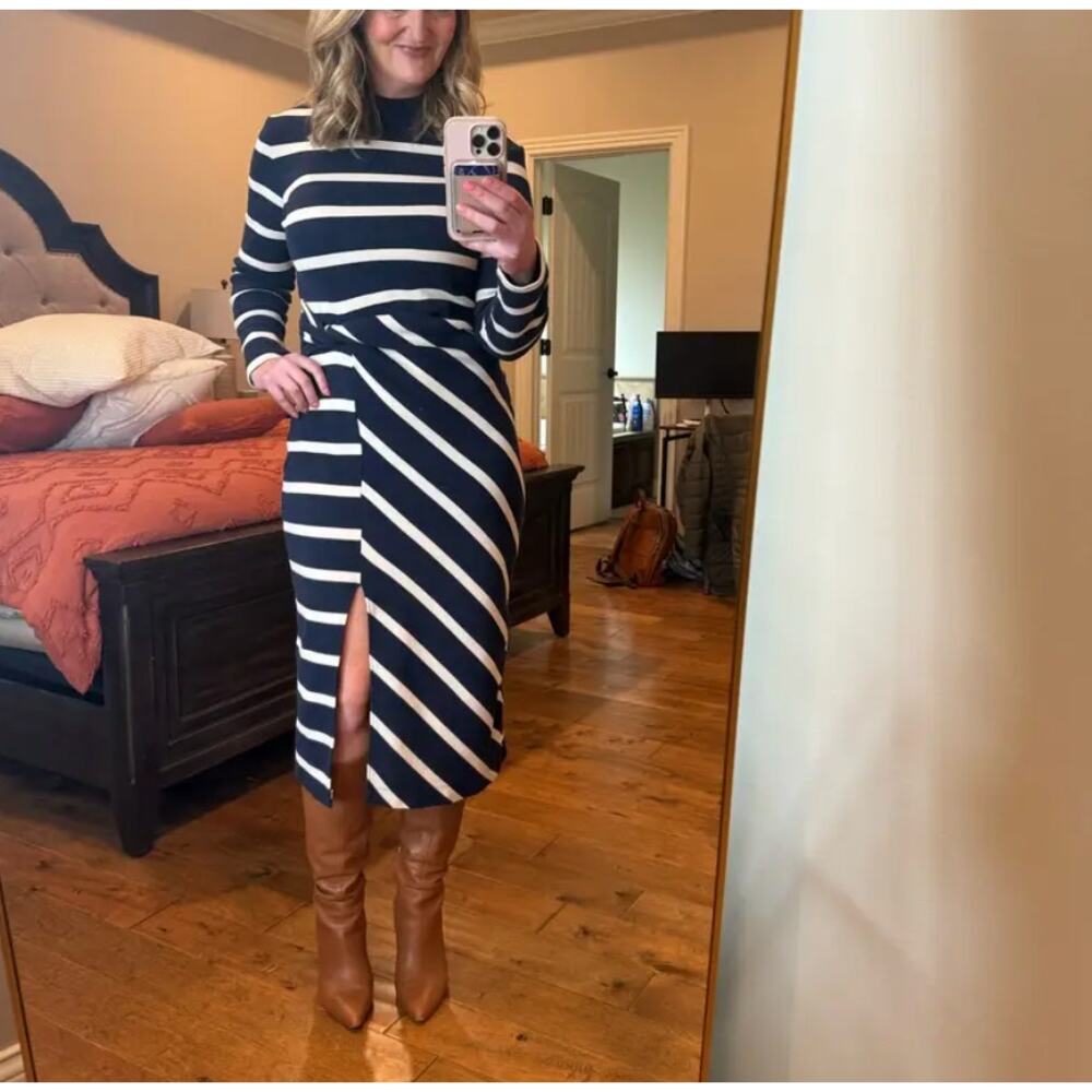 Tanya Taylor Blue White Striped Knit Midi Dress SMALL Career Work Cotton $400 - Picture 6 of 11
